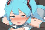  1girl abmayo arm_rest bangs black_sleeves blush commentary detached_sleeves grey_shirt hair_ornament hands_on_ground hatsune_miku highres jack-o&#039;_challenge long_hair meme open_mouth saliva shirt solo teeth vocaloid 
