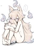  ... 1girl animal_ear_fluff animal_ears barefoot between_legs blonde_hair blue_eyes breasts commentary feet fox_ears fox_girl fox_tail full_body hair_over_one_eye hugging_own_legs knees_up long_hair looking_at_viewer nude original simple_background small_breasts soles solo spoken_ellipsis symbol-only_commentary tail tail_between_legs toes unfinished very_long_hair white_background will-o&#039;-the-wisp_(mythology) zizi_niisan 