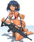  1girl ankle_strap arm_strap assault_rifle bangs barefoot bikini black_choker blue_eyes bob_cut breasts carrying choker cleavage combat_knife commentary_request eyebrows_visible_through_hair flower full_body fx-05_xiuhcoatl gun hair_flower hair_ornament highres kneeling knife looking_at_viewer medium_breasts mikeran_(mikelan) navel o-ring o-ring_bikini open_mouth original rifle scope shadow short_hair smile solo swimsuit tan thigh_strap weapon white_background white_bikini 