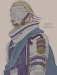  1boy 5-en apex_legends beard beige_background blonde_hair blue_scarf cable caustic_(apex_legends) covered_eyes divine_right_caustic facial_hair facing_viewer gas_mask hair_behind_ear hair_slicked_back highres jacket male_focus mask scarf solo upper_body white_blindfold white_jacket 