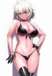  1girl ass_visible_through_thighs bangs bikini black_bikini black_choker black_gloves black_legwear bracelet breasts choker closed_mouth collarbone eyebrows_visible_through_hair fate/grand_order fate_(series) gloves highres jeanne_d&#039;arc_(alter)_(fate) jeanne_d&#039;arc_(fate) jewelry large_breasts looking_at_viewer navel necklace short_hair side-tie_bikini silver_hair skindentation smile solo standing swimsuit thigh_gap thighhighs tsurime ulrich_(tagaragakuin) yellow_eyes 