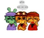  3boys alien alienposting_(meme) antennae black_undershirt black_visor blonde_hair collared_shirt colored_skin crying elliot_(roblox) fang forsaken_(roblox) green_hair green_skin highres imsosillyloll low_ponytail meme multiple_boys open_mouth ponytail purple_shirt purple_visor red_shirt red_visor roblox shirt visor_cap yellow_skin 