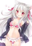 1girl animal_ear_fluff animal_ears ass_visible_through_thighs bikini bikini_under_clothes black_jacket black_skirt blush breasts cat_ears cleavage hand_on_own_chest highres jacket kata_rosu long_hair navel off_shoulder open_clothes open_jacket open_mouth original pink_bikini red_eyes ribbon silver_hair skirt skirt_removed solo swimsuit thigh_gap thighs two_side_up 