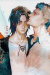  2boys adam&#039;s_apple amuii black_jacket blonde_hair brown_hair closed_mouth collared_shirt commentary cross-laced_clothes cross-laced_top english_text eren_yeager green_eyes hair_behind_ear hashtag-only_commentary head_back highres jacket looking_at_another male_focus multiple_boys open_clothes open_jacket parted_bangs reiner_braun shingeki_no_kyojin shirt short_hair sideburns white_shirt wing_collar yellow_eyes 