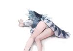  1girl ass bare_legs blue_bow blue_dress blue_hair bow cirno dress fairy from_behind hair_bow hair_ornament ice ice_wings kneepits lying on_side on_stomach panties pantyshot pinafore_dress puffy_short_sleeves puffy_sleeves reddizen shirt short_sleeves simple_background solo thighs touhou transparent_wings underwear white_background white_panties white_shirt wings 