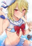  1boy aina123 bangs bikini bikini_top blonde_hair blue_bikini bow crossdressing dated ensemble_stars! eyebrows_visible_through_hair food food_in_mouth hair_between_eyes hat looking_at_viewer navel nito_nazuna otoko_no_ko popsicle purple_scrunchie red_bow red_eyes sailor_collar scrunchie sexually_suggestive shoes short_hair signature skirt swimsuit thighhighs water white_headwear white_legwear white_skirt 