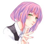  1girl bangs black_vest bob_cut closed_mouth collared_shirt commentary cropped_shoulders derivative_work g4265059 green_eyes hairu_ihei hand_up looking_at_viewer pink_hair shiny shiny_hair shirt short_hair simple_background solo symbol-only_commentary tokyo_ghoul tokyo_ghoul:re upper_body vest white_background white_shirt 