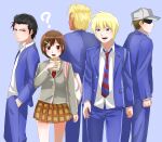  1girl 4boys ? arm_at_side arms_at_sides bag bangs baseball_cap beard black_hair black_hairband blazer blonde_hair blue_background blue_eyes blue_jacket blue_neckwear blue_pants blush_stickers bob_cut brown_eyes brown_hair brown_skirt commentary cowboy_shot danshi_koukousei_no_nichijou dark-skinned_male dark_skin diagonal_stripes dress_shirt eating facial_hair facing_away food giuliyama_anio grey_headwear grey_jacket hair_ornament hairband hairclip hand_in_pocket hat height_difference highres holding holding_food jacket karasawa_toshiyuki looking_ahead looking_at_another looking_at_viewer multiple_boys narrowed_eyes necktie open_mouth pants plaid plaid_skirt raised_eyebrows red_neckwear ringo-chan_(danshi_koukousei) school_bag school_uniform shaded_face shirt short_hair skirt standing striped striped_necktie suit_jacket tabata_hidenori tadakuni taiyaki tanaka_yoshitake untucked_shirt vice_president_(danshi_koukousei) wagashi white_bag white_shirt 