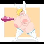 adventure_time alyaska2201 belly big_breasts big_butt bottom_heavy breast_grab breasts butt cartoon_network clothing fake_ears female fionna_and_cake fionna_the_human hand_on_breast hi_res holding_breast human legwear mammal melee_weapon shocked shy solo stockings sword tights weapon