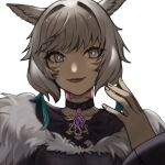  1girl animal_ears black_choker black_dress boots bright_pupils cat_ears choker closed_mouth commentary_request dress earrings facial_mark feather_earrings feathers final_fantasy final_fantasy_xiv fur-trimmed_dress fur_trim grey_eyes grey_hair hand_up jewelry miqo&#039;te oukiyayoi portrait red_lips short_hair simple_background smile solo tattoo whisker_markings white_background white_pupils y&#039;shtola_rhul 