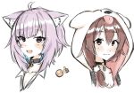  2girls :3 :d ahoge animal_ear_fluff animal_ears animal_hood bangs blue_hair blush_stickers brown_eyes brown_hair cat_ears closed_mouth collarbone collared_shirt commentary_request cropped_shoulders dog_ears dog_hood emoji eyebrows_visible_through_hair fake_animal_ears fang hair_between_eyes hair_over_shoulder highres hololive hood hood_up inugami_korone low_ponytail multicolored_hair multiple_girls nekomata_okayu open_mouth ponytail portrait purple_eyes purple_hair shirt simple_background smile thumbs_up toumori_kanna two-tone_hair virtual_youtuber white_background white_shirt 