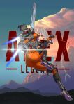 1girl absurdres apex_legends ass black_footwear bodysuit cloud copyright_name finger_gun floating hair_behind_ear highres in-universe_location jetpack lightning logo looking_to_the_side metal_boots mountain orange_bodysuit orange_eyes parted_lips science_fiction smile solo tbocart thrusters valkyrie_(apex_legends) world&#039;s_edge 
