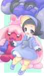  1girl :d black_hair commentary_request dress eyelashes gloves green_background grey_eyes happy jacket long_sleeves open_clothes open_jacket open_mouth pantyhose pokemon pokemon_(creature) pokemon_sv poppy_(pokemon) shoes smile tinkaton usapenpen2019 yellow_pantyhose 