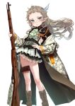  1girl ascot bolt_action boots bullet character_request closed_mouth coat eiyuu_senki eiyuu_senki_ww flat_chest floating_hair green_ascot green_eyes grey_hair gun hair_ornament hand_on_hip highres holding holding_gun holding_weapon long_hair long_sleeves looking_at_viewer mochi_(circle_rin) mosin-nagant official_art open_clothes open_coat pointy_ears rifle simple_background solo standing weapon weapon_request white_background 