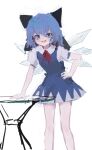  1girl :d bare_legs blue_dress blue_eyes blue_hair blush bow breasts cirno collared_shirt dress eyebrows_visible_through_hair eyes_visible_through_hair hair_between_eyes hair_bow hand_on_hip hand_on_table happy highres ice ice_wings knees looking_at_viewer lower_teeth necktie open_mouth pinafore_dress red_necktie reddizen shirt short_hair sketch small_breasts smile solo table teeth thighs touhou upper_teeth white_background wings 