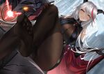  1girl absurdres aegir_(azur_lane) asuo azur_lane bangs bare_shoulders bodystocking breast_curtains breasts brown_gloves brown_legwear cape cleavage commentary demon_horns eyebrows_visible_through_hair feet feet_up foot_focus foreshortening from_below gloves grin hair_between_eyes hand_on_own_knee highres horns large_breasts long_hair looking_at_viewer multicolored_hair no_shoes pantyhose red_cape red_hair silver_hair smile soles solo streaked_hair toes very_long_hair yellow_eyes 