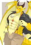  1boy abs absurdres bara bare_pectorals black_shirt blush broken_horn brown_pants bulge come_hither dragon_boy dragon_horns dragon_wings egg feet_out_of_frame furry furry_male highres horns ioenami jewelry large_pectorals looking_at_viewer male_focus monster_boy muscular muscular_male necklace nipples no_nipples open_clothes open_fly open_shirt ophion_(housamo) pants pectorals scales seductive_smile shirt smile solo stomach suspenders thick_thighs thighs tokyo_afterschool_summoners undressing wings 