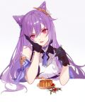  1girl bangs bare_shoulders blush breasts dress food fork genshin_impact gloves hair_cones hair_ornament jesse_(pixiv34586727) keqing_(genshin_impact) long_hair looking_at_viewer medium_breasts parted_lips purple_dress purple_eyes purple_gloves purple_hair smile solo swept_bangs twintails 