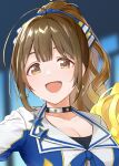  1girl ahoge bow brown_hair cheerleader close-up collar confetti hair_bow highres holding holding_pom_poms idolmaster idolmaster_shiny_colors kuwayama_chiyuki pekoni_(peconi) pom_pom_(cheerleading) ponytail solo star_(symbol) sweat 