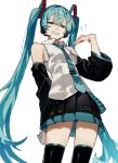  1girl 39 absurdres aqua_necktie black_skirt black_sleeves black_thighhighs blue_eyes blue_hair blue_nails collared_shirt commentary detached_sleeves hair_ornament half-closed_eyes hatsune_miku hatsune_miku_(vocaloid3) headphones headset highres long_hair nail_polish necktie p_(pm_611a) pleated_skirt shirt simple_background skirt sleeveless sleeveless_shirt solo thighhighs twintails very_long_hair vocaloid white_background white_shirt 