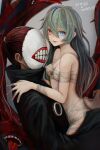  1boy 1girl absurdres bandaged_arm bandages bangs bare_shoulders blue_eyes breasts budget_sarashi character_name collarbone commentary_request eto_(tokyo_ghoul) fang gradient gradient_background grey_background heterochromia highres hug kagune_(tokyo_ghoul) long_hair long_sleeves looking_at_viewer lower_teeth mask medium_breasts noro_(tokyo_ghoul) open_mouth ponytail red_eyes red_hair sarashi shiny shiny_hair smile straw_like teeth teeth_print tentacles tokyo_ghoul tongue tongue_out 