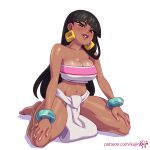  1girl bangs bare_arms bare_shoulders barefoot black_hair blunt_bangs blush bracelet breasts chel_(the_road_to_el_dorado) curvy dark-skinned_female dark_skin earrings full_body jewelry kajin_(kajinman) kneeling lips long_hair looking_at_viewer navel parted_lips patreon_username solo strapless the_road_to_el_dorado thick_thighs thighs white_background wide_hips 