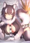  1girl :3 akuma_(st.takuma) animal_ear_fluff animal_ears black_hair black_jacket blue_eyes blush breasts cleavage closed_mouth commentary_request fur_collar gloves gradient_sleeves grey_necktie grey_skirt grey_wolf_(kemono_friends) hair_between_eyes heterochromia highres indoors jacket kemono_friends lapels large_breasts long_sleeves looking_at_viewer lying multicolored_clothes multicolored_hair multicolored_necktie multicolored_skirt necktie notched_lapels on_side plaid_necktie plant skirt solo tail two-tone_hair white_gloves white_hair white_necktie white_skirt wolf_ears wolf_girl wolf_tail yellow_eyes 