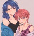  2girls bangs bare_shoulders black_camisole blue_hair blue_jacket blush brown_eyes camisole collarbone commentary crop_top eyebrows_visible_through_hair grey_background grey_jacket hair_behind_ear hair_between_eyes half-closed_eyes hanayagi_kaoruko hand_on_another&#039;s_shoulder hand_to_own_mouth hand_up height_difference highres isurugi_futaba jacket light_blush long_sleeves looking_at_viewer medium_hair multiple_girls nukazuke_(kzhto) off_shoulder official_alternate_costume open_clothes open_jacket open_mouth parted_lips pink_eyes pink_tank_top plaid plaid_shirt red_hair shirt short_hair shoujo_kageki_revue_starlight side-by-side simple_background sweatdrop swept_bangs tank_top upper_body 