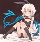  1girl animal_ears black_leotard black_shorts blue_eyes blue_nails blush bow bowtie brown_background fake_animal_ears flat_chest hair_between_eyes hair_ornament hairband hairclip heterochromia higashi_shino highres knees_together_feet_apart leotard long_hair looking_at_viewer low_ponytail nail_polish nontraditional_playboy_bunny nowareno_(higashi_shino) original parted_lips pointy_ears rabbit_ears red_bow red_bowtie shorts sitting slit_pupils solo stirrup_legwear tail toeless_legwear toenail_polish toenails white_hair wrist_cuffs yellow_pupils 