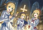  3girls artoria_pendragon_(fate) bell blonde_hair christmas christmas_ornaments church cross dress fate/apocrypha fate/extra fate/grand_order fate/stay_night fate_(series) jeanne_d&#039;arc_(fate) jeanne_d&#039;arc_(fate/apocrypha) matsuba_moco multiple_girls nero_claudius_(fate) nero_claudius_(fate/extra) saber white_dress white_headwear 