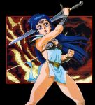  1990s_(style) 1girl arm_up armor artist_request asou_yuuko bikini_armor blue_eyes blue_hair bracer circlet feet_out_of_frame holding holding_sword holding_weapon long_hair mugen_senshi_valis official_art open_mouth pauldrons pelvic_curtain retro_artstyle shoulder_armor solo sword valis weapon 