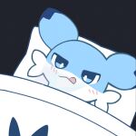 ambiguous_gender animated bed bedding blanket blep blue_body blue_eyes blue_fur blue_markings blush cheek_tuft chillet countershade_torso countershading digital_media_(artwork) dipstick_ears ear_markings facial_tuft feral flong fur furniture gaming handheld_console holding_object innuendo low_res lying mammal markings multicolored_ears mustelid on_back pal_(species) palworld pillow pocketpair solo sticker_pack tongue tongue_out tuft under_covers white_body white_fur
