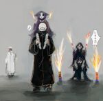  1girl 4boys bangs bin_brothers_(tokyo_ghoul) black_cloak brothers brown_hair cloak eto_(tokyo_ghoul) fireworks gradient gradient_background grey_background grey_hair hands_up highres hood hood_up hooded_cloak long_sleeves looking_at_viewer mask mouth_mask multiple_boys noro_(tokyo_ghoul) on_shoulder ponytail short_hair siblings sitting smile speech_bubble straw_like tatara_(tokyo_ghoul) teeth_print tokyo_ghoul translated trembling wide_sleeves 