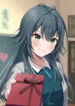  1girl absurdres blush box chocolate chocolate_on_face coat commentary_request food food_on_face gakuen_idolmaster gift gift_box green_eyes green_hair green_shirt grey_coat hair_flaps highres holding holding_box idolmaster incoming_gift indoors long_hair looking_at_viewer miyuki_kotori shirt smile solo tsukimura_temari upper_body valentine very_long_hair 