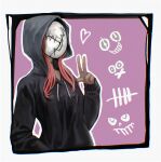  1girl black_hoodie border broken_mask choker commentary_request dead_by_daylight highres hood hood_up hoodie long_hair long_sleeves mask outline pink_background red_hair solo straw_like the_legion_(dead_by_daylight) translation_request upper_body v white_border white_outline 