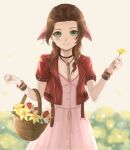  1girl aerith_gainsborough basket black_choker blurry blurry_background bolo_tie bracelet braid breasts brown_hair choker commentary cropped_jacket dress field final_fantasy final_fantasy_vii flower flower_field green_eyes hair_over_shoulder hair_ribbon holding holding_basket holding_flower jacket jewelry lily_(flower) long_dress long_hair looking_at_viewer open_clothes open_jacket petals pink_dress pink_ribbon purea red_flower red_jacket red_tulip ribbon short_sleeves small_breasts smile solo tulip w_arms white_background white_flower yellow_flower 