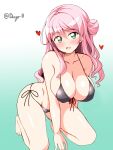  1girl :d arm_between_legs bangs bare_legs bikini blush breasts cleavage collarbone commentary_request deego_(omochi_bazooka) eyebrows_visible_through_hair gradient gradient_background green_eyes hair_between_eyes hair_bun heart highres kneehighs large_breasts long_hair looking_at_viewer open_mouth original pink_hair side-tie_bikini sidelocks simple_background smile solo swimsuit twitter_username wavy_hair 