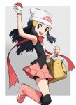  1girl :d bag beanie bike_shorts bike_shorts_under_skirt blue_eyes blue_hair boots dawn_(pokemon) grey_background hair_ornament hairclip hat highres holding holding_bag holding_poke_ball leg_up long_hair looking_at_viewer open_mouth outside_border over-kneehighs pink_footwear poke_ball poke_ball_(basic) pokemon pokemon_(game) pokemon_dppt scarf simple_background skirt smile solo thighhighs white_headwear yoshi_(moco1) 