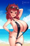  1girl absurdres ahoge animal_ears areola_slip areolae ass_visible_through_thighs bare_shoulders beach black_choker black_swimsuit blue_sky borrowed_character breasts choker cleavage cowboy_shot eyewear_on_head goat-chan_(enarane) highres horizon horns huge_breasts kaedeno_yuu large_areolae long_hair looking_at_viewer o-ring ocean oppai_loli original outdoors red_eyes red_hair signature sky slingshot_swimsuit smile solo summer sunglasses swimsuit tail thigh_strap 