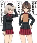  2girls black_hat black_jacket blush brown_eyes brown_hair collared_shirt commentary_request garrison_cap girls_und_panzer grey_hair hand_on_own_head hand_on_own_hip hat highres holding_board itsumi_erika jacket kuromorimine_military_uniform long_sleeves medium_hair multiple_girls nishizumi_maho omachi_(slabco) open_mouth pleated_skirt red_shirt red_skirt shirt short_hair skirt smile translation_request 