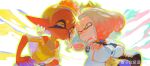  2girls absurdres brown_eyes creamyghost crop_top crossed_arms crown dark-skinned_female dark_skin forehead frye_(deep_cut_outfit)_(splatoon) frye_(splatoon) gradient_skin hands_on_own_hips heads_together highres inkling multiple_girls pearl_(damp_socks_feat._off_the_hook)_(splatoon) pearl_(splatoon) shawl shirt splatoon_(series) splatoon_3 star-shaped_pupils star_(symbol) symbol-shaped_pupils tentacle_hair yellow_shawl yellow_shirt 