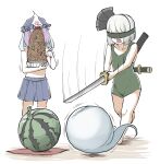  2girls black_hairband blue_skirt bob_cut buruma collarbone covered_eyes flat_chest food fruit hairband hat highres katana konpaku_youmu konpaku_youmu_(ghost) miniskirt mob_cap motion_lines multiple_girls noodles open_mouth oversized_food peroponesosu. pink_hair saigyouji_yuyuko scabbard sheath simple_background skirt suikawari swimsuit sword touhou triangular_headpiece watermelon weapon white_background white_hair 