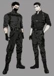  2boys absurdres alternate_costume black_eyes black_hair black_mask black_pants black_shirt boots chest_harness facial_hair golden_kamuy hair_slicked_back hair_strand harness highres leather leather_boots male_focus mask mouth_mask multiple_boys ogata_hyakunosuke pants pectorals scar scar_on_cheek scar_on_face scar_on_nose shirt short_hair spiked_hair standing stubble sugimoto_saichi toned toned_male undercut zuncha_(mun_suru) 