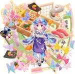  1girl aged_down animal_print apron black_ribbon black_sandals blue_apron blue_hat blue_kimono bug butterfly butterfly_print chawanmushi chopsticks closed_mouth flower flower_request food frilled_kimono frilled_sleeves frills full_body game_cg hat highres japanese_clothes kimono lens_flare long_sleeves looking_at_viewer lotus_root mob_cap mushroom nabe neck_ribbon obi official_art okobo omelet pink_eyes pink_flower pink_hair platform_sandals purple_apron ribbon rotte_(1109) saigyouji_yuyuko saigyouji_yuyuko_(tiny_ghost_mistress) sandals sash scroll shiitake short_hair short_sleeves sleeve_garter smile socks solo sushi tabi tamagoyaki tasuki third-party_source touhou touhou_lostword translation_request transparent_background triangular_headpiece vase waist_apron white_socks wide_sleeves 