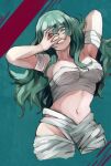  1girl alternate_breast_size arm_up armpit_peek bandaged_arm bandaged_leg bandages bangs breasts collarbone cropped_legs eto_(tokyo_ghoul) green_background green_eyes grin gumi_(the_eye_of_darkness) hand_on_own_face highres large_breasts long_hair looking_at_viewer naked_bandage navel red_background red_eyes sarashi shiny shiny_hair smile solo tokyo_ghoul 