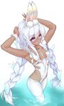  +_+ 1girl absurdres alternate_skin_color animal_ears armpits arms_up azur_lane bangs bare_arms blue_eyes braid breasts chinese_commentary commentary_request dark-skinned_female dark_skin eyebrows_visible_through_hair fake_animal_ears hair_between_eyes hair_ornament hairband highleg highleg_leotard highres le_malin_(azur_lane) le_malin_(listless_lapin)_(azur_lane) leotard long_hair looking_at_viewer mikawa_sansen o-ring official_alternate_costume pantyhose parted_lips playboy_bunny rabbit_ears small_breasts solo standing thigh_strap twin_braids very_long_hair wading water white_hair white_hairband white_legwear white_leotard wrist_cuffs 