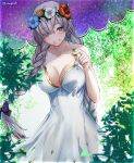  1girl anastasia_(fate) anastasia_(swimsuit_archer)_(fate) aona_(anagasaki) bangs bare_shoulders blue_eyes blush bow braid breasts cleavage collarbone dress dress_swimsuit fate/grand_order fate_(series) flower_wreath grin hair_bow hair_over_one_eye head_wreath highres large_breasts long_hair looking_at_viewer silver_hair smile solo twin_braids very_long_hair white_dress 