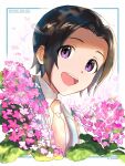 1boy artist_name b4_bababibe birthday black_hair blue_border blue_suit border child collared_shirt commentary_request dated dress_shirt flower highres idolmaster idolmaster_side-m lens_flare looking_at_viewer male_focus necktie okamura_nao open_mouth outside_border parted_bangs pink_flower portrait purple_eyes red_necktie shirt short_hair sidelocks smile solo sparkle standing straight_hair suit teeth three_quarter_view tongue twitter_username undershirt white_shirt white_undershirt 