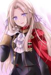  1girl ascot blush buttons cape commentary_request edelgard_von_hresvelg eyebrows_visible_through_hair eyes_visible_through_hair fire_emblem fire_emblem:_three_houses forehead garreg_mach_monastery_uniform gloves hair_ribbon hand_in_hair kirishima_riona lips long_hair long_sleeves looking_at_viewer open_mouth pink_lips purple_eyes purple_ribbon red_cape ribbon sidelocks smile solo uniform upper_body white_ascot white_gloves white_hair 