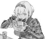  1girl armor bad_id bad_twitter_id bowl breasts chopsticks cup drinking_glass eating fingerless_gloves food food_on_face gloves grey_hair greyscale gyuudon highres holding holding_bowl holding_chopsticks hololive inactive_account looking_at_viewer monochrome open_mouth shirogane_noel shirogane_noel_(1st_costume) short_hair simple_background solo suiso_(owp) upper_body virtual_youtuber white_background 